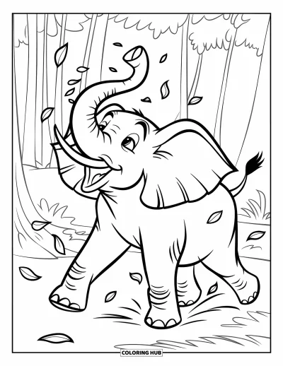 Coloriage d'éléphants pour enfants : Un éléphant barrit en levant sa trompe pendant que des feuilles dorées dansent dans l'air