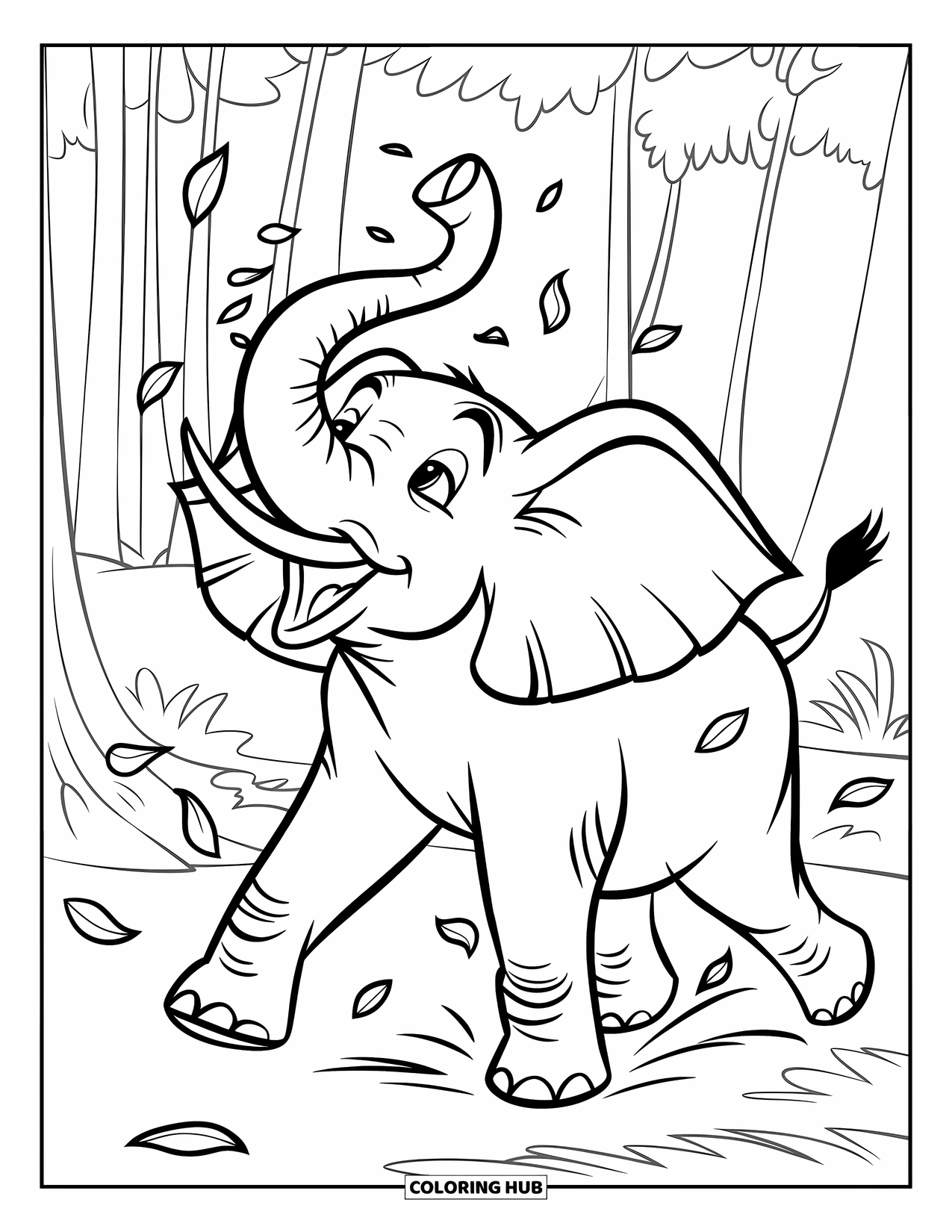Elephant Coloring Page for Kids: An elephant calls out, raising its trunk as golden leaves dance in the air