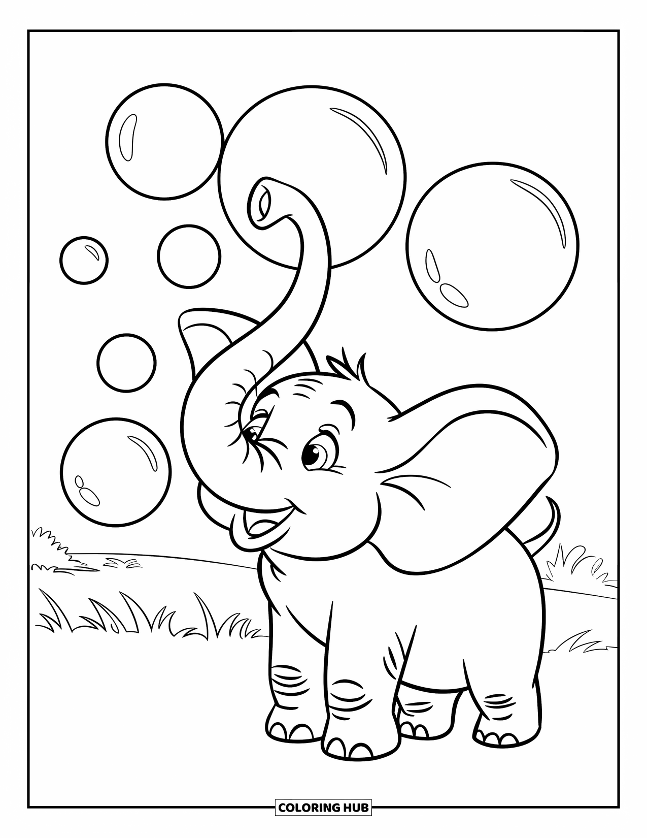 Elephant Coloring Page for Kids: An elephant happily blows bubbles in a grassy field with trees in the background
