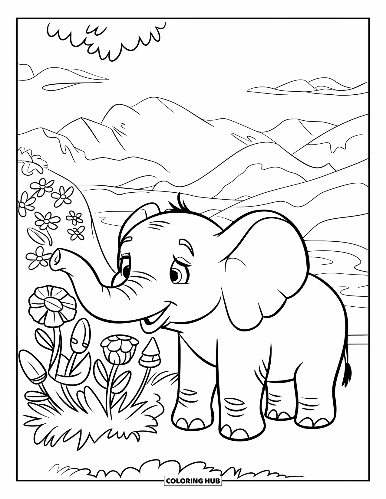 Elephant Coloring Page for Kids: An elephant happily sniffs a patch of flowers, surrounded by colorful blossoms