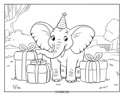 Coloriage d'éléphants pour enfants : Un éléphant avec un chapeau de fête se tient sur un terrain herbeux, entouré de cadeaux et d'arbres