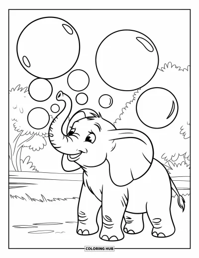 Coloriage d'éléphants pour enfants : Un éléphant souffle des bulles avec sa trompe dans un paisible champ herbeux