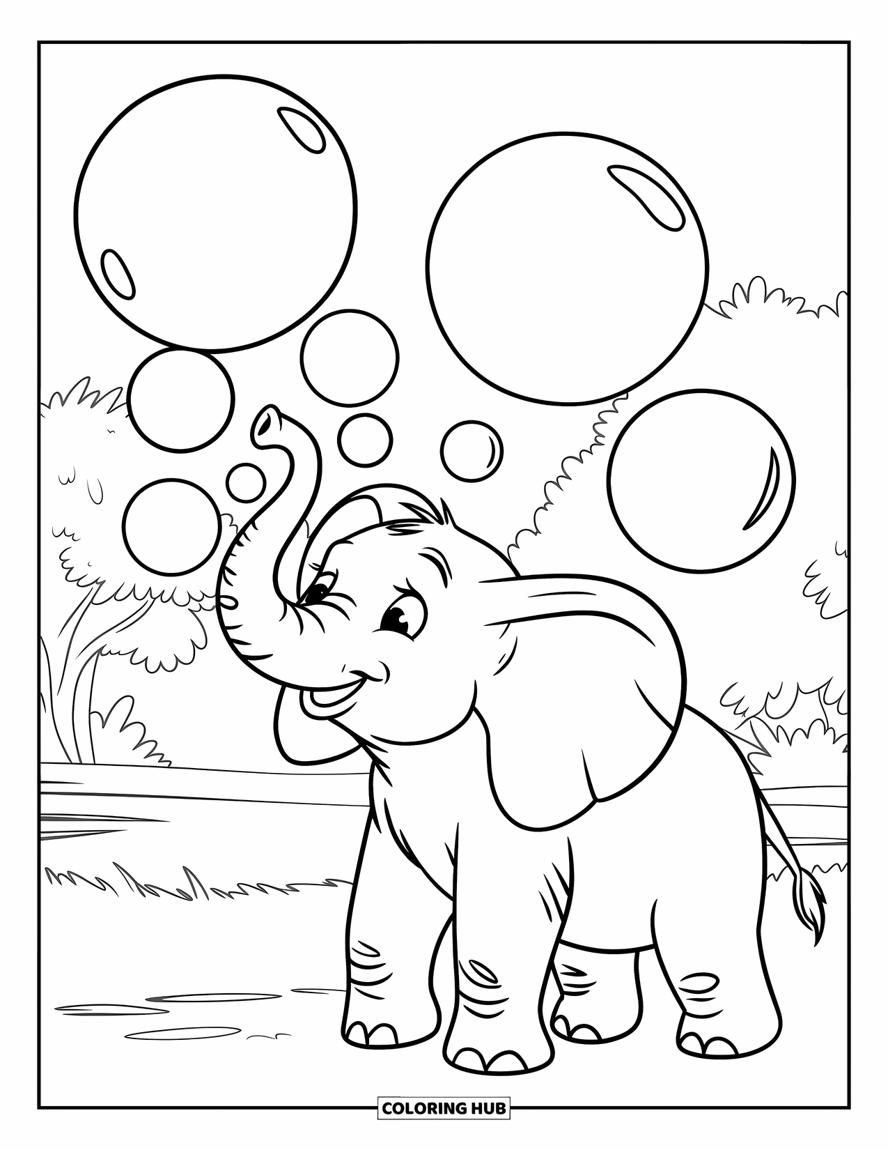 Elephant Coloring Page for Kids: An elephant joyfully blows bubbles with its trunk in a peaceful grassy field