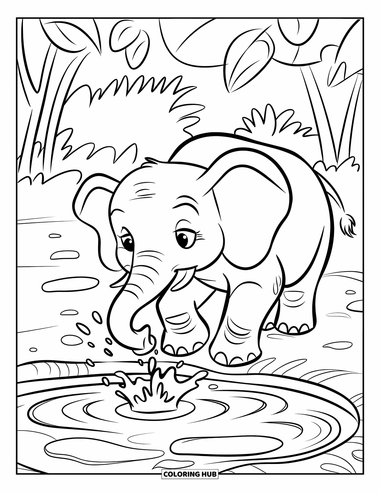 Elephant Coloring Page for Kids: An elephant playfully splashes water while standing in a refreshing jungle pond