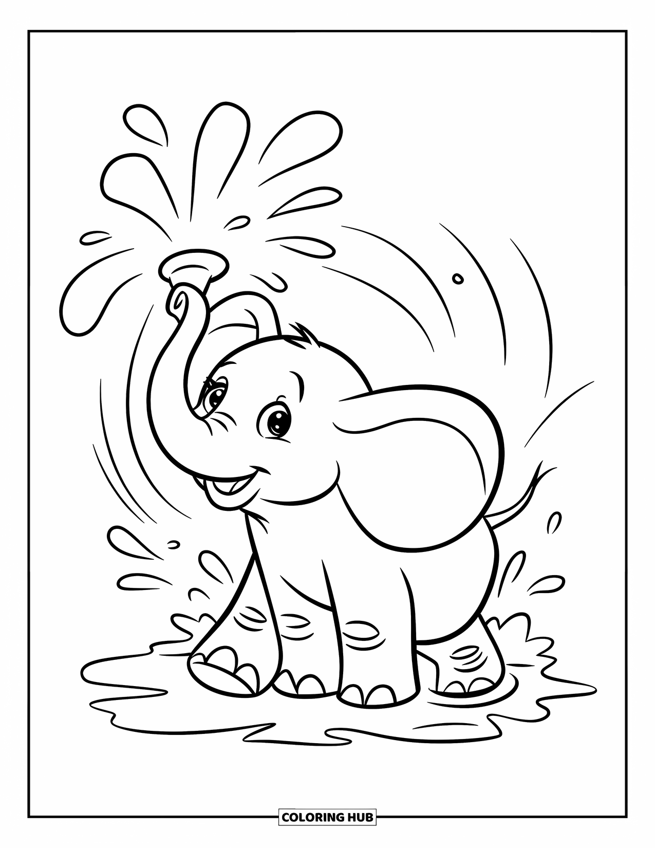 Elephant Coloring Page for Kids: An elephant playfully sprays water, surrounded by splashes in a lively, energetic scene