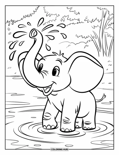 Coloriage d'éléphants pour enfants : Un éléphant joue dans un étang, projette de l'eau et se trouve au cœur d'une forêt luxuriante