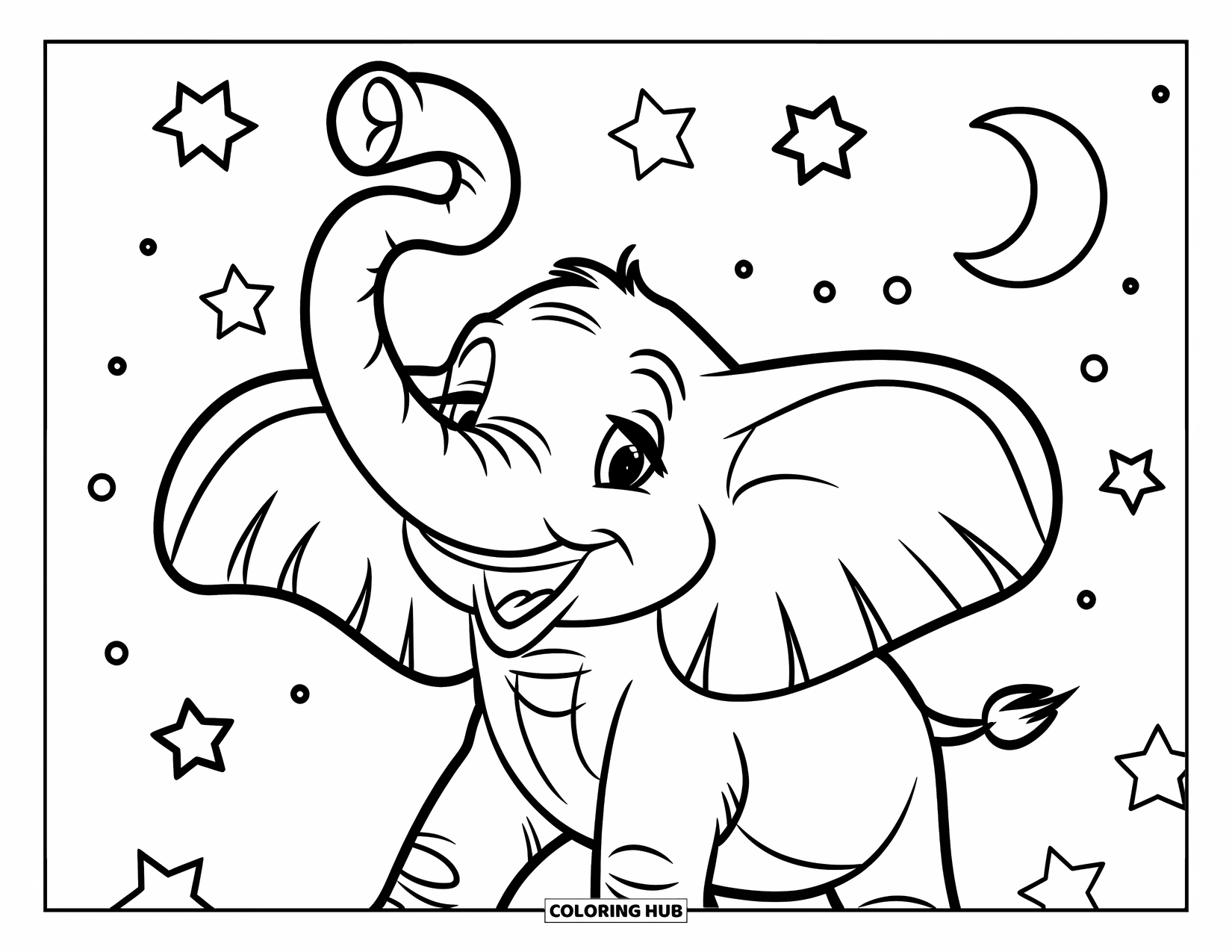 Elephant Coloring Page for Kids: An elephant raises its trunk triumphantly under a crescent moon and stars