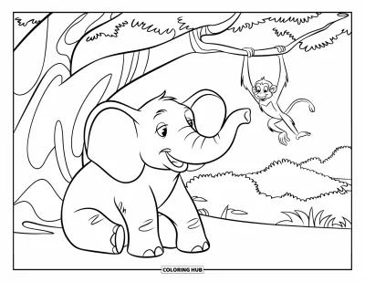 Coloriage d'éléphants pour enfants : Un éléphant se repose sous un arbre pendant qu'un singe malicieux se balance à une branche