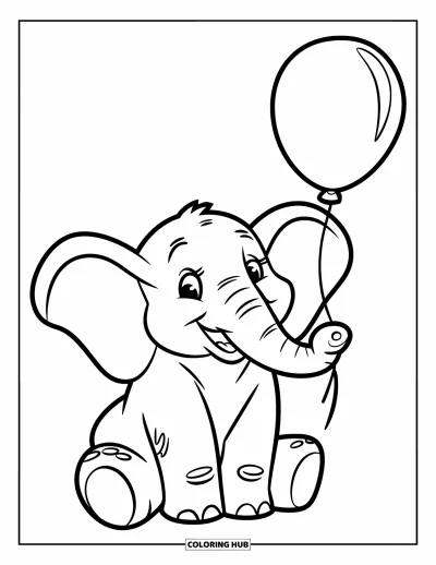 Coloriage d'éléphants pour enfants : Un éléphant est assis, heureux, en tenant un ballon rouge dans un décor plein de bonne humeur