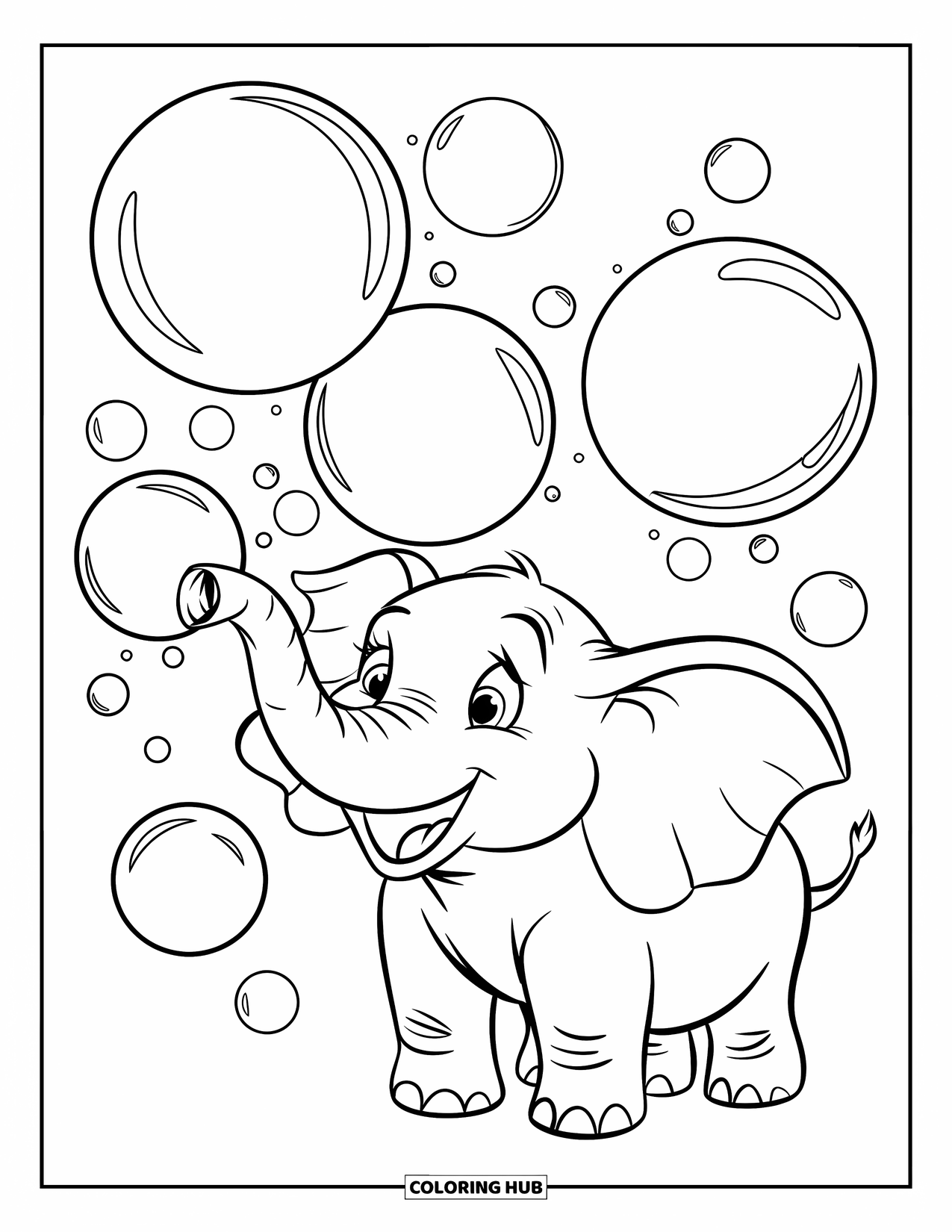 Elephant Coloring Page for Kids: An elephant smiles widely while blowing bubbles, with floating orbs surrounding it