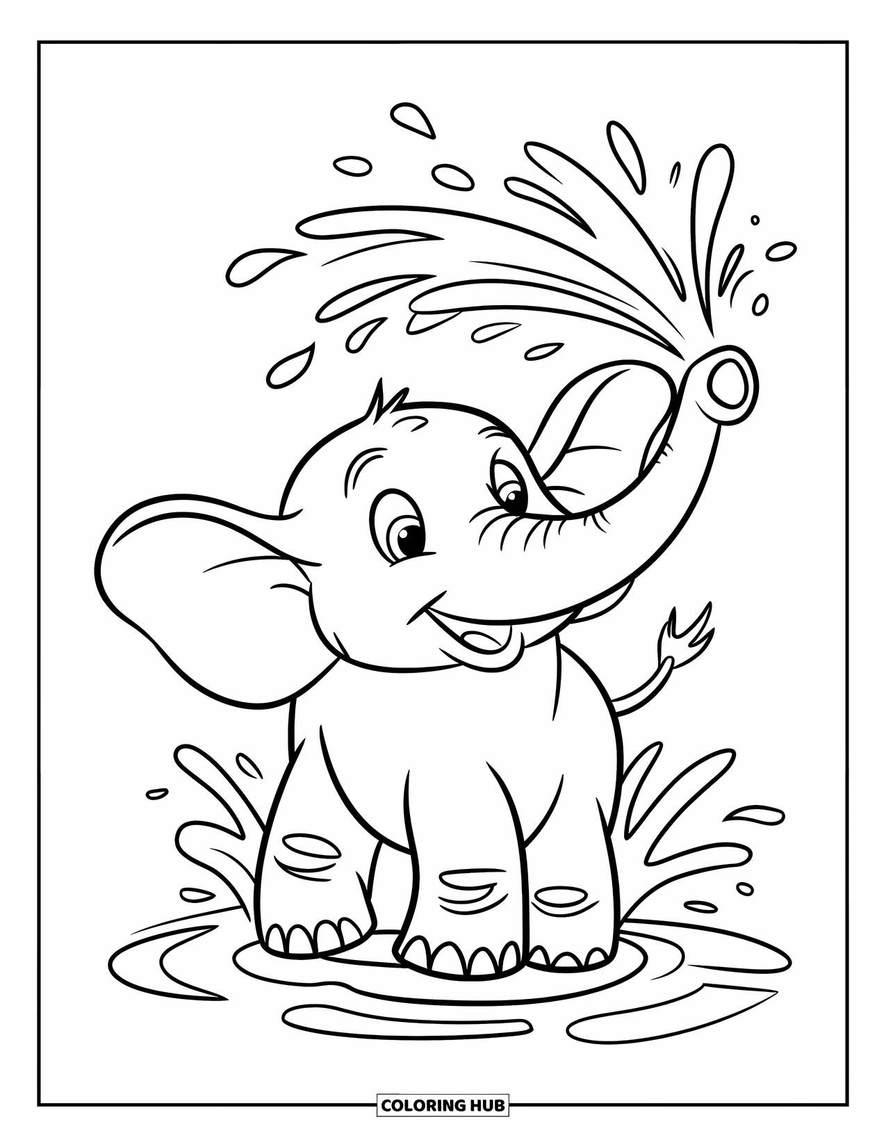Elephant Coloring Page for Kids: An elephant sprays water joyfully with its trunk, splashing droplets into the air