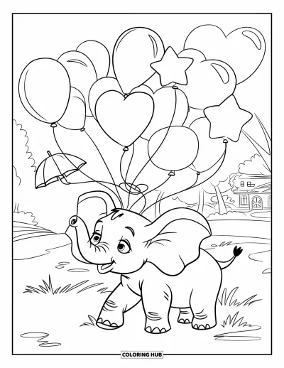 Coloriage d'éléphants pour enfants : Un éléphant se tient parmi des ballons flottants, l'air joyeux et enthousiaste