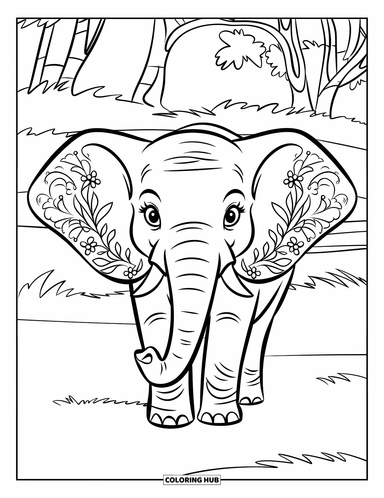 Elephant Coloring Page for Kids: An elephant stands proudly with floral patterns decorating its large, gentle ears