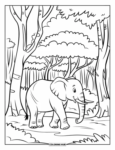 Coloriage d'éléphants pour enfants : Un éléphant avance sur un chemin de terre dans une jungle remplie de grands arbres