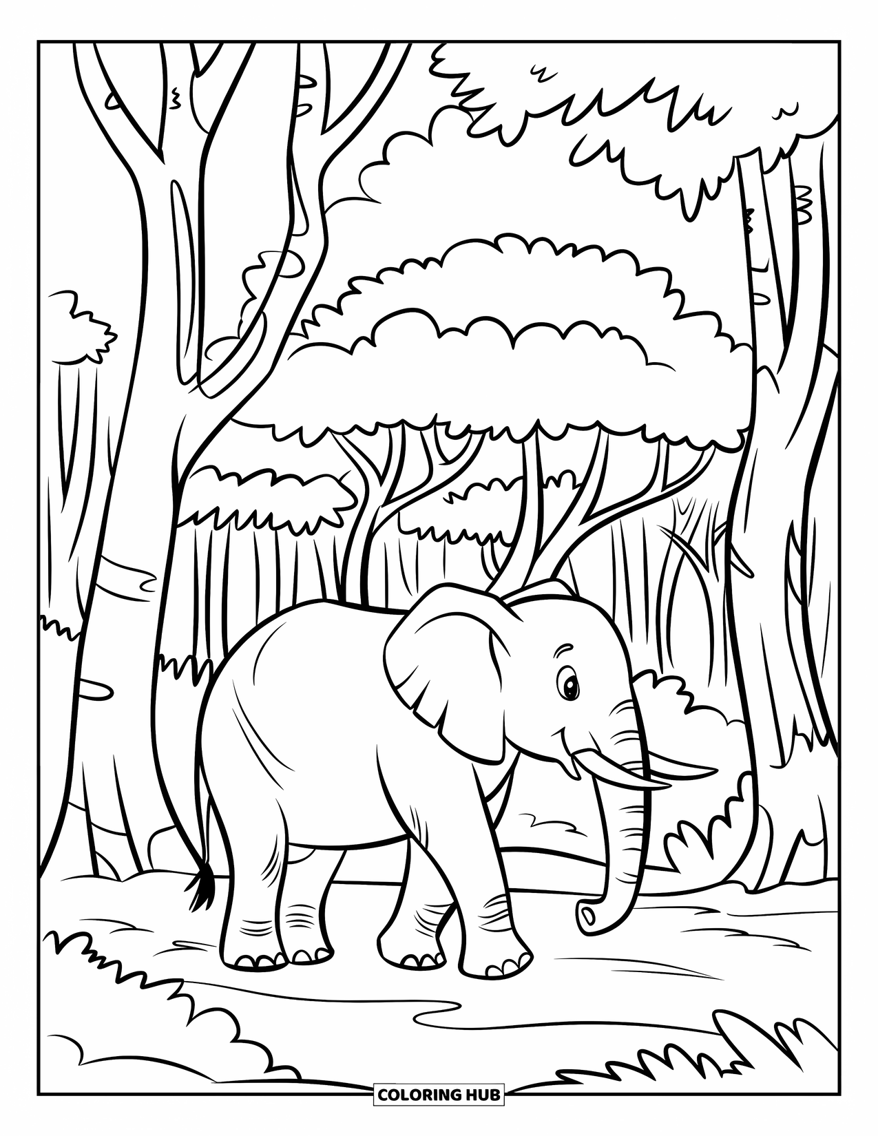 Elephant Coloring Page for Kids: An elephant walks along a dirt path in a jungle filled with tall trees