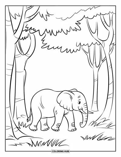 Coloriage d'éléphants pour enfants : Un éléphant marche dans la jungle, entouré d'arbres immenses et d'une végétation dense