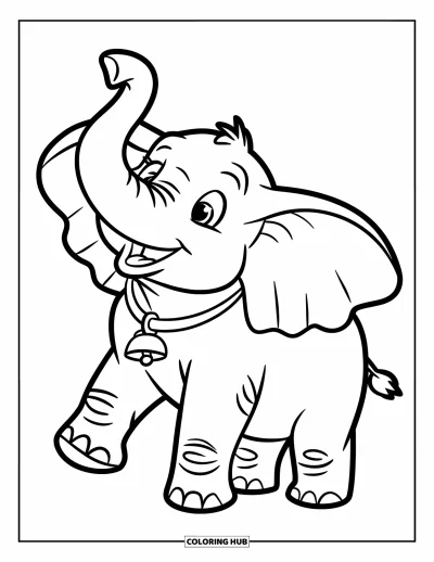 Coloriage d'éléphants pour enfants : Un éléphant agite sa trompe en portant un collier avec une petite clochette