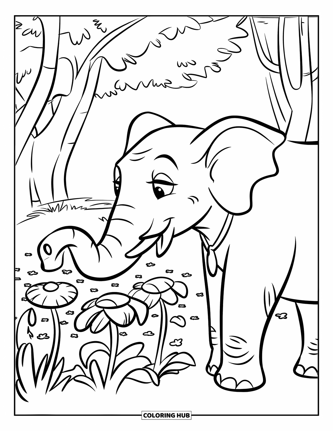 Elephant Coloring Page for Kids: An elephant wearing a necklace curiously explores a patch of blooming flowers