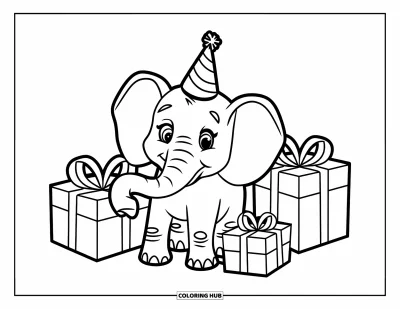 Coloriage d'éléphants pour enfants : Un éléphant portant un chapeau de fête se tient joyeusement parmi de grands cadeaux emballés