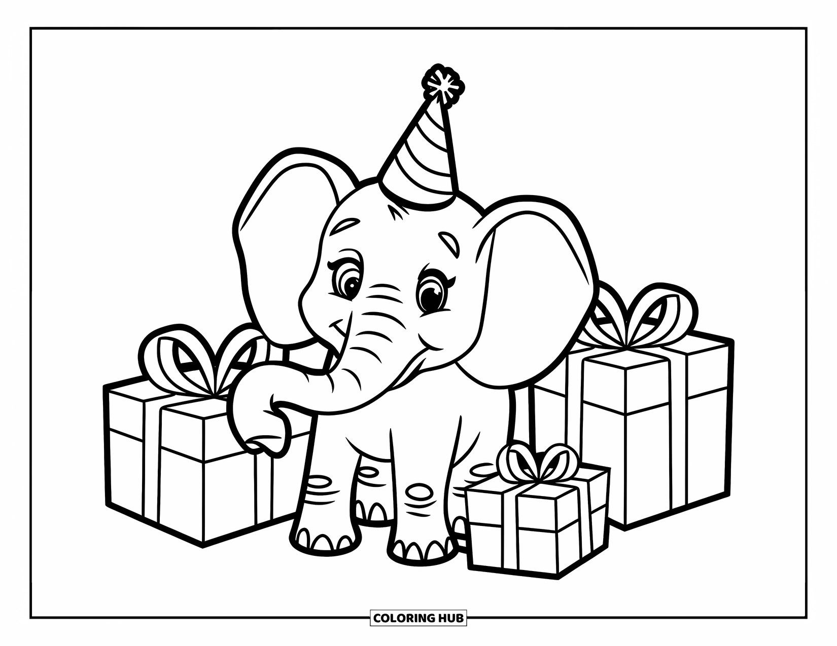 Elephant Coloring Page for Kids: An elephant wearing a party hat stands happily among large, gift-wrapped presents