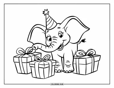 Coloriage d'éléphants pour enfants : Un éléphant aux oreilles battantes et au chapeau de fête sourit près d'une pile de cadeaux
