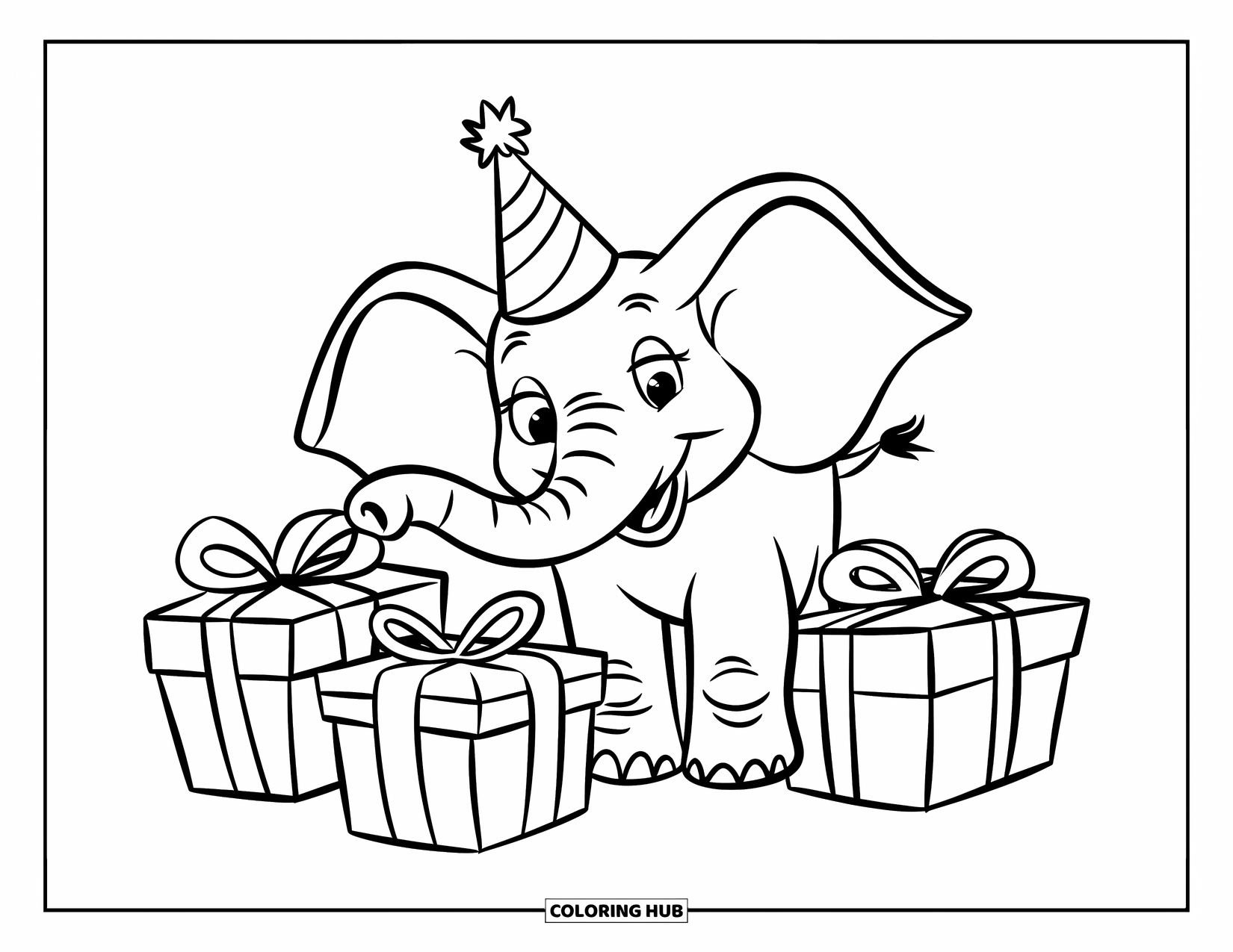 Elephant Coloring Page for Kids: An elephant with flapping ears and a party hat smiles next to a stack of presents