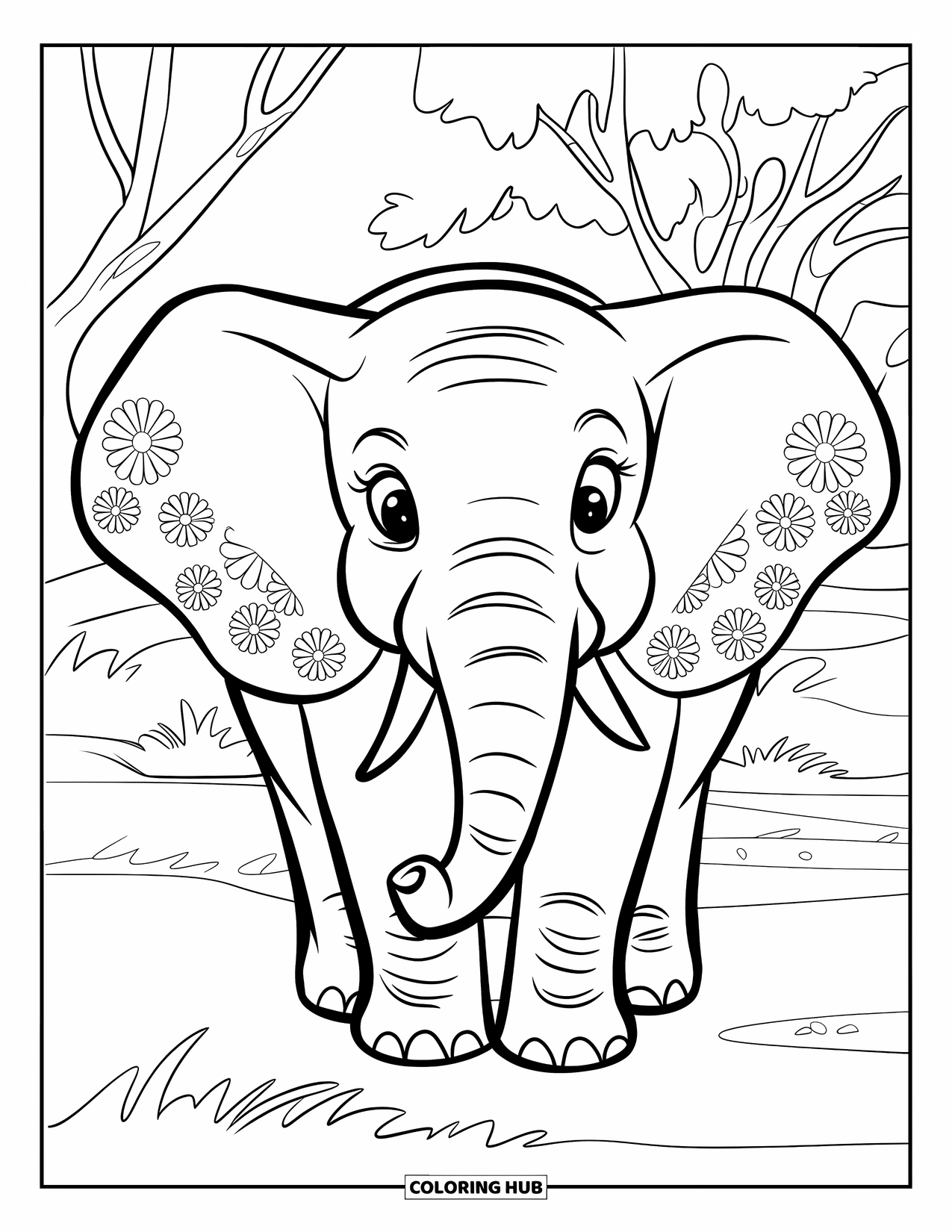 Elephant Coloring Page for Kids: An elephant with floral designs on its ears stands in a sunlit field