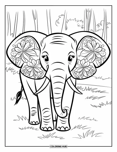 Coloriage d'éléphants pour enfants : Un éléphant aux oreilles fleuries se tient avec grâce dans une prairie paisible
