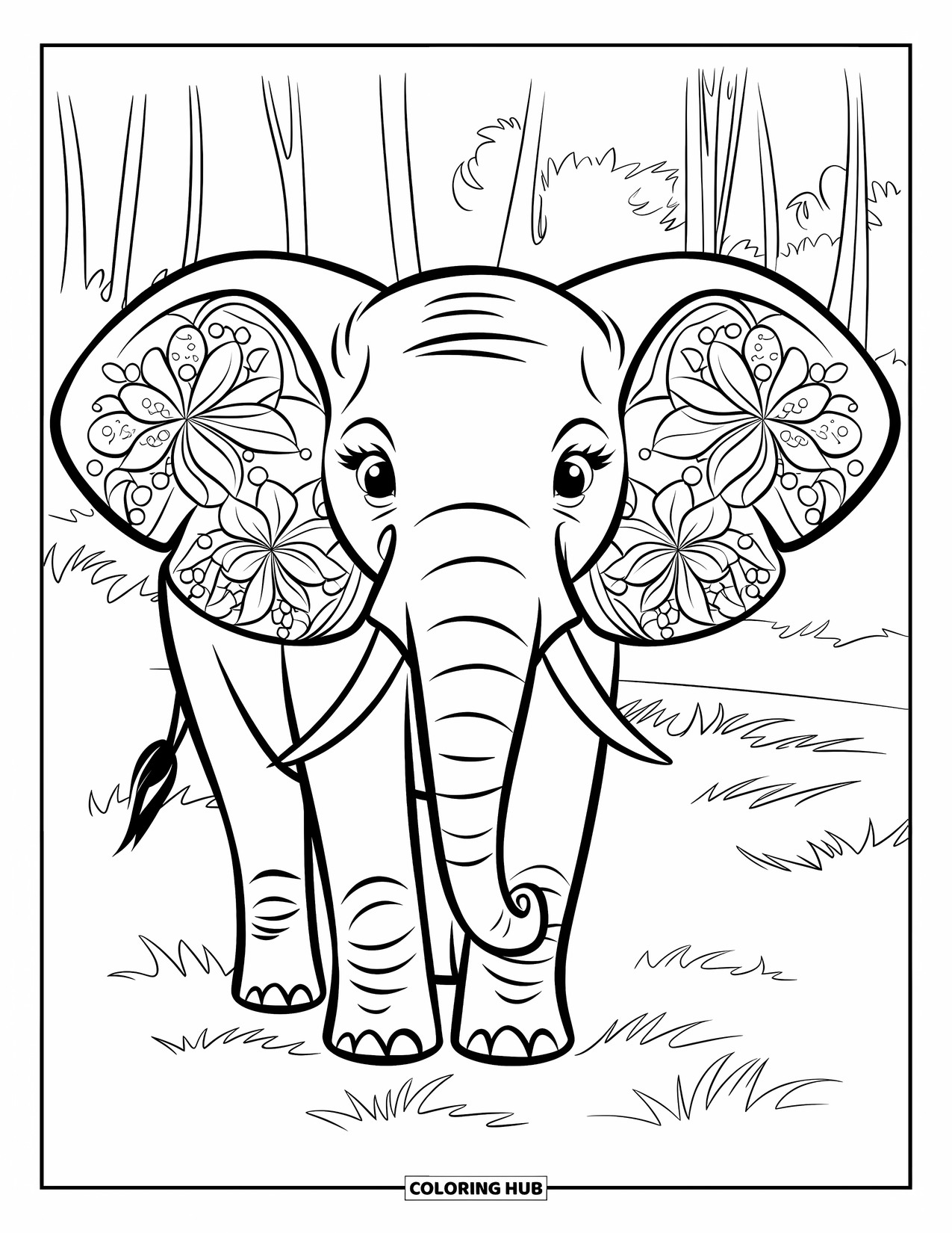 Elephant Coloring Page for Kids: An elephant with flower-patterned ears stands gracefully in a peaceful meadow