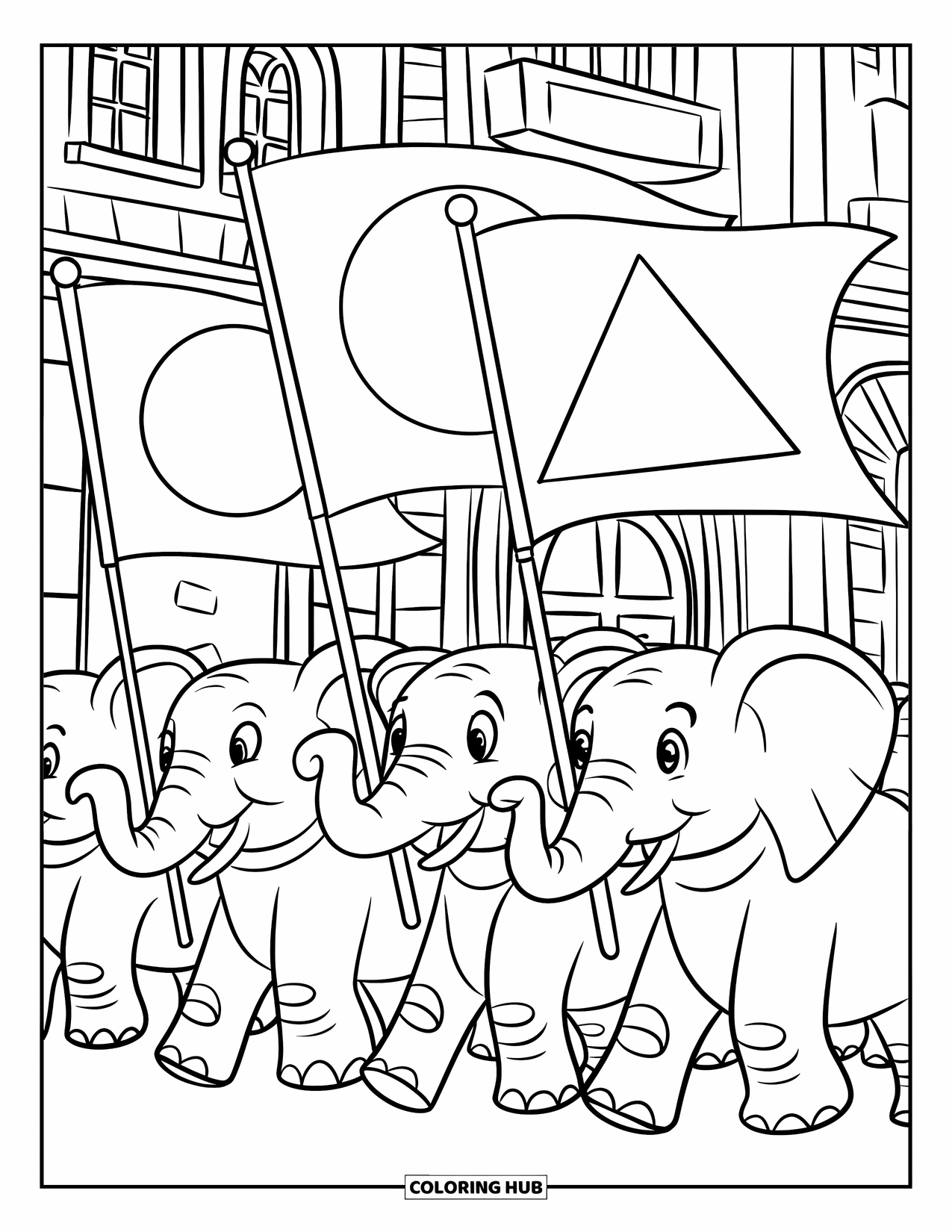 Elephant Coloring Page for Kids: Elephants in a parade proudly carry flags with different shapes and patterns
