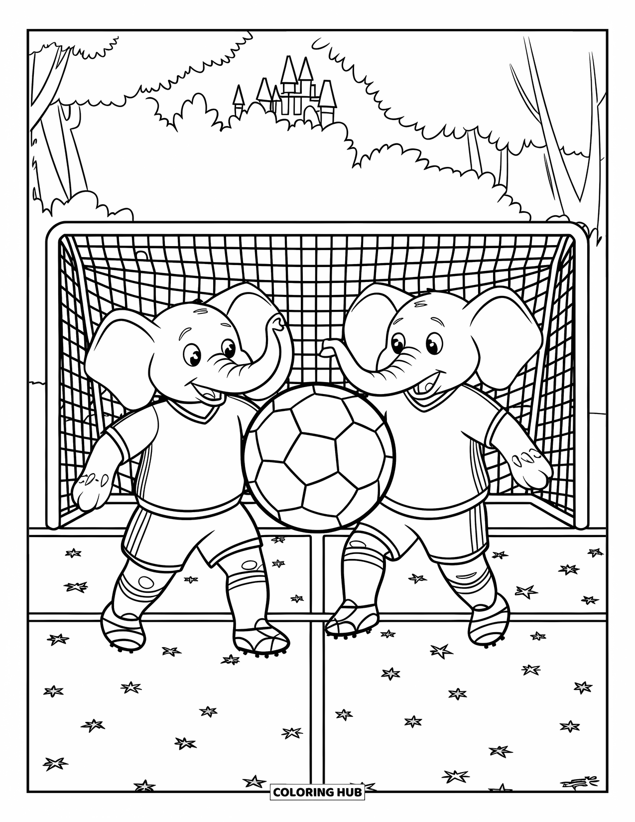 Elephant Coloring Page for Kids: Elephants wearing jerseys play soccer on a field with a netted goalpost behind them