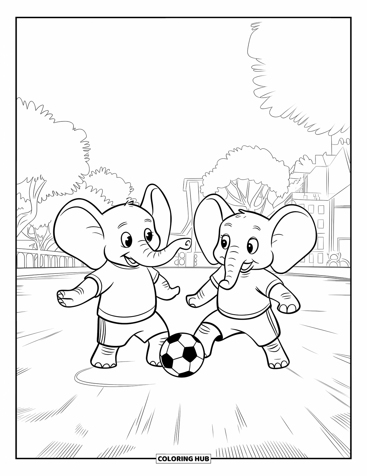 Elephant Coloring Page for Kids: Two elephants excitedly play soccer on a grassy field with trees in the background