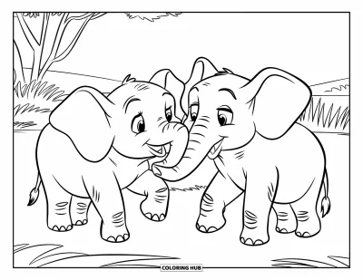 Coloriage d'éléphants pour enfants : Deux éléphants dans la savane se touchent la trompe en jouant, entourés d'herbes dorées