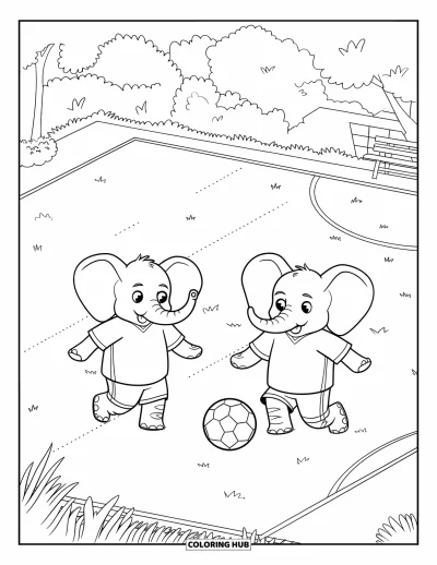 Coloriage d'éléphants pour enfants : Deux éléphants donnent des coups de patte dans un ballon lors d'un match amusant sous le soleil