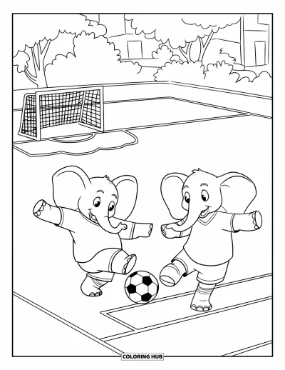 Coloriage d'éléphants pour enfants : Deux éléphants jouent au football, l'un frappe le ballon pendant que l'autre garde le but