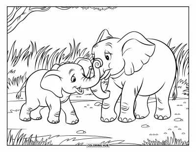 Coloriage d'éléphants pour enfants : Deux éléphants se taquinent avec des bâtons dans une savane chaude et herbeuse