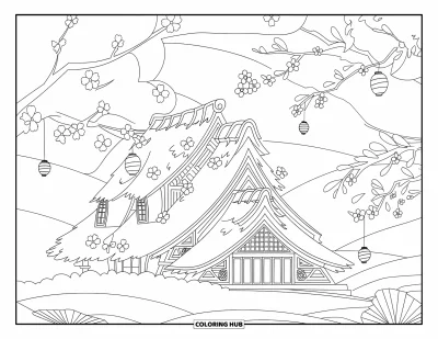 Yetişkinler için Peri Evi Boyama Sayfası: Kiraz çiçekleri ve parlayan kağıt fenerlerle çevrili Japon tarzı peri evi