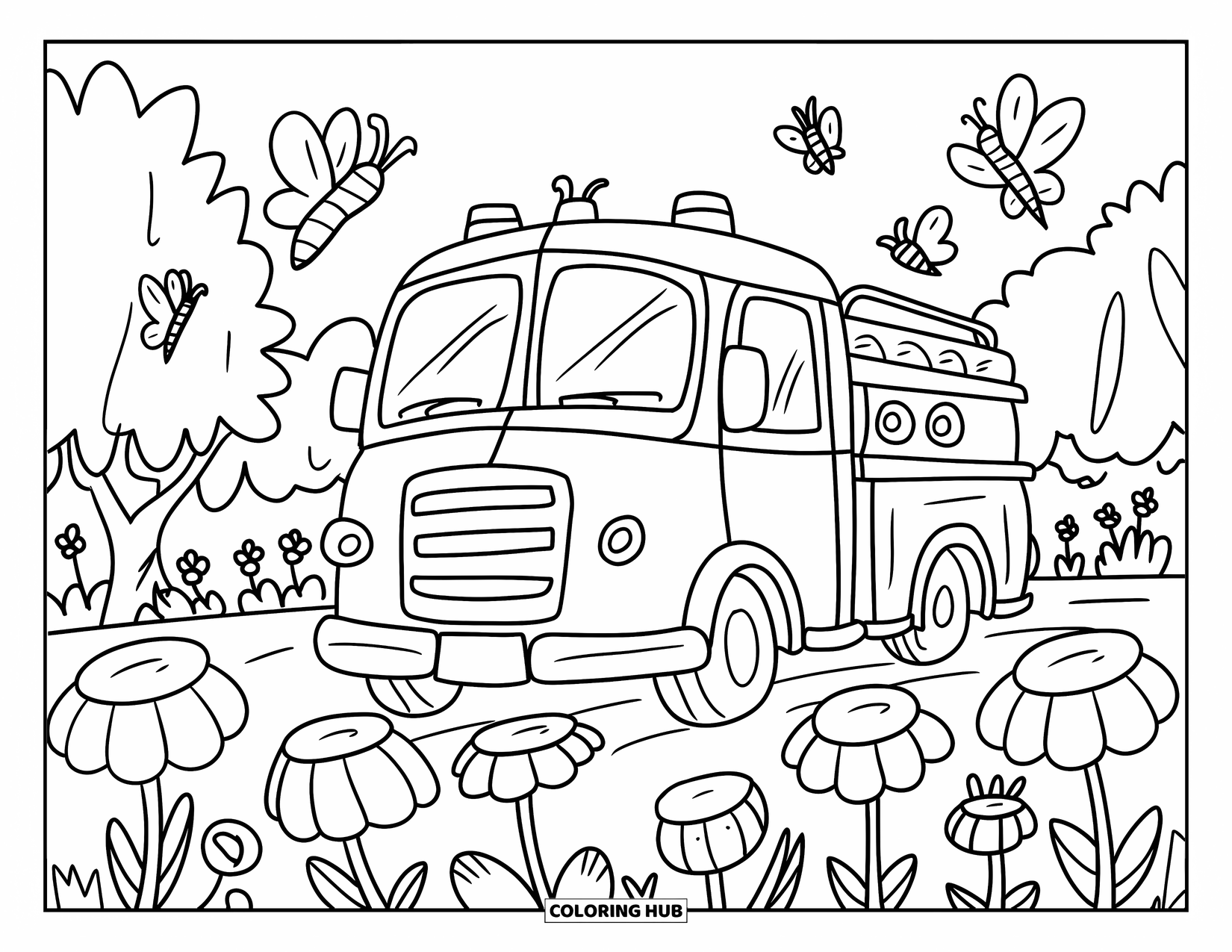 Fire Truck Coloring Page for Adults: A chubby fire truck driving through oversized flowers with butterflies and bees around