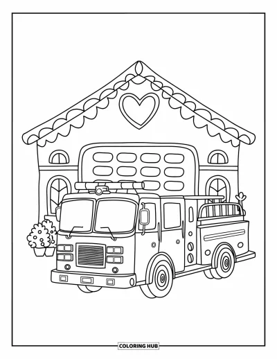 Coloriage de camion de pompiers pour adultes : Un camion de pompiers mignon et un panneau en forme de cœur à l’extérieur d’une petite caserne de pompiers kawaii