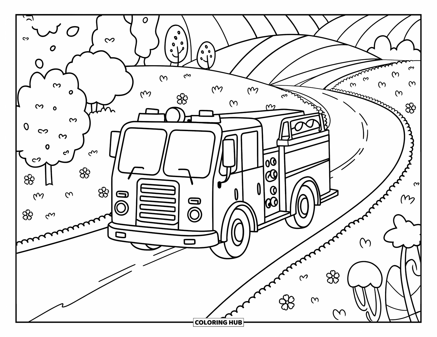 Fire Truck Coloring Page for Adults: A cute fire truck driving along a winding road, surrounded by fluffy trees and flowers