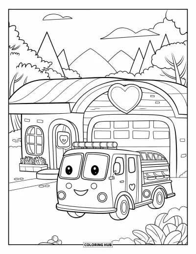 Coloriage de camion de pompiers pour adultes : Un camion de pompiers mignon garé devant une caserne de pompiers kawaii avec un panneau en forme de cœur