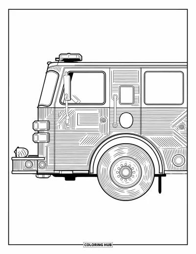 Coloriage de camion de pompiers pour adultes : Une vue latérale détaillée d’un camion de pompiers, avec des motifs de lignes complexes