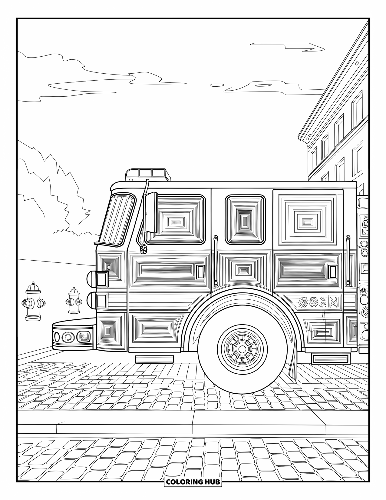 Fire Truck Coloring Page for Adults: A detailed side view of a fire truck with stripes and hydrants nearby