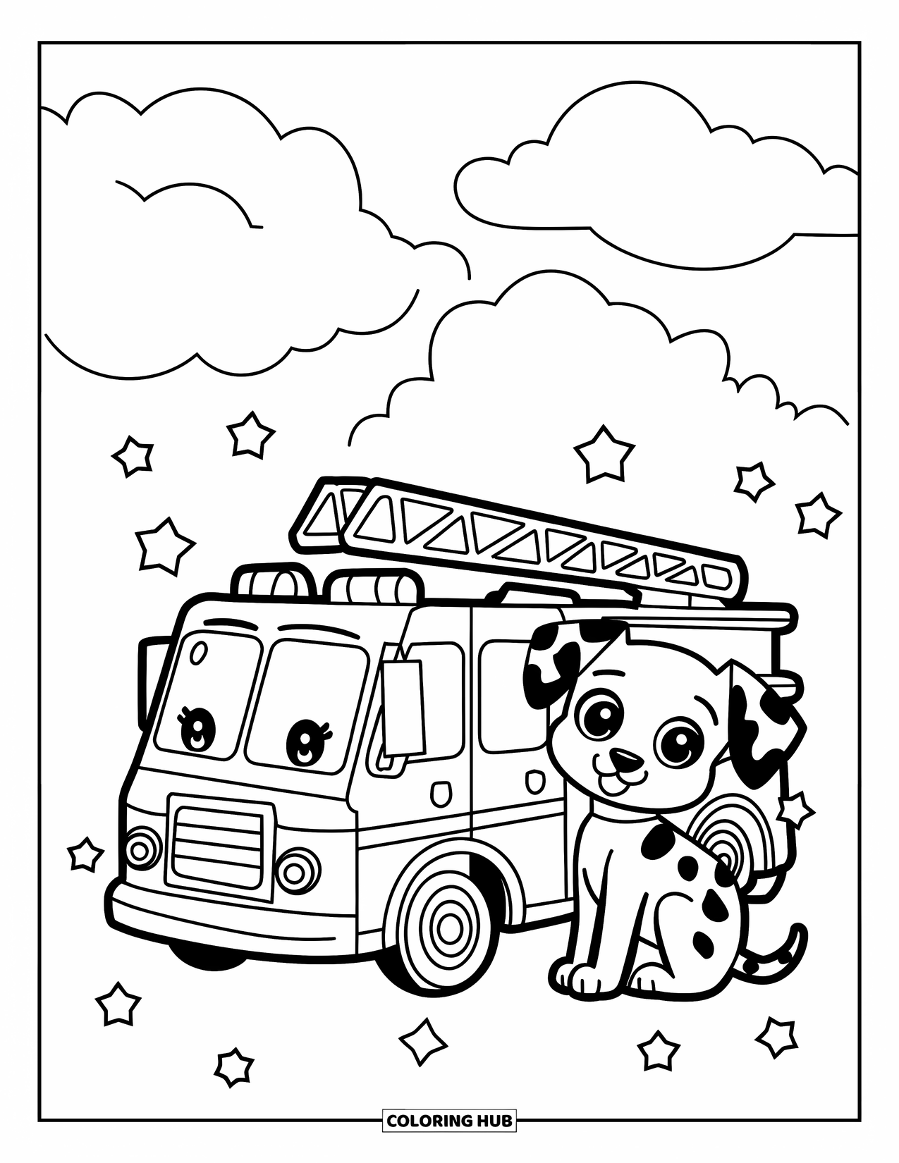 Fire Truck Coloring Page for Adults: A fire truck and playful Dalmatian puppy with stars and paw prints in the sky