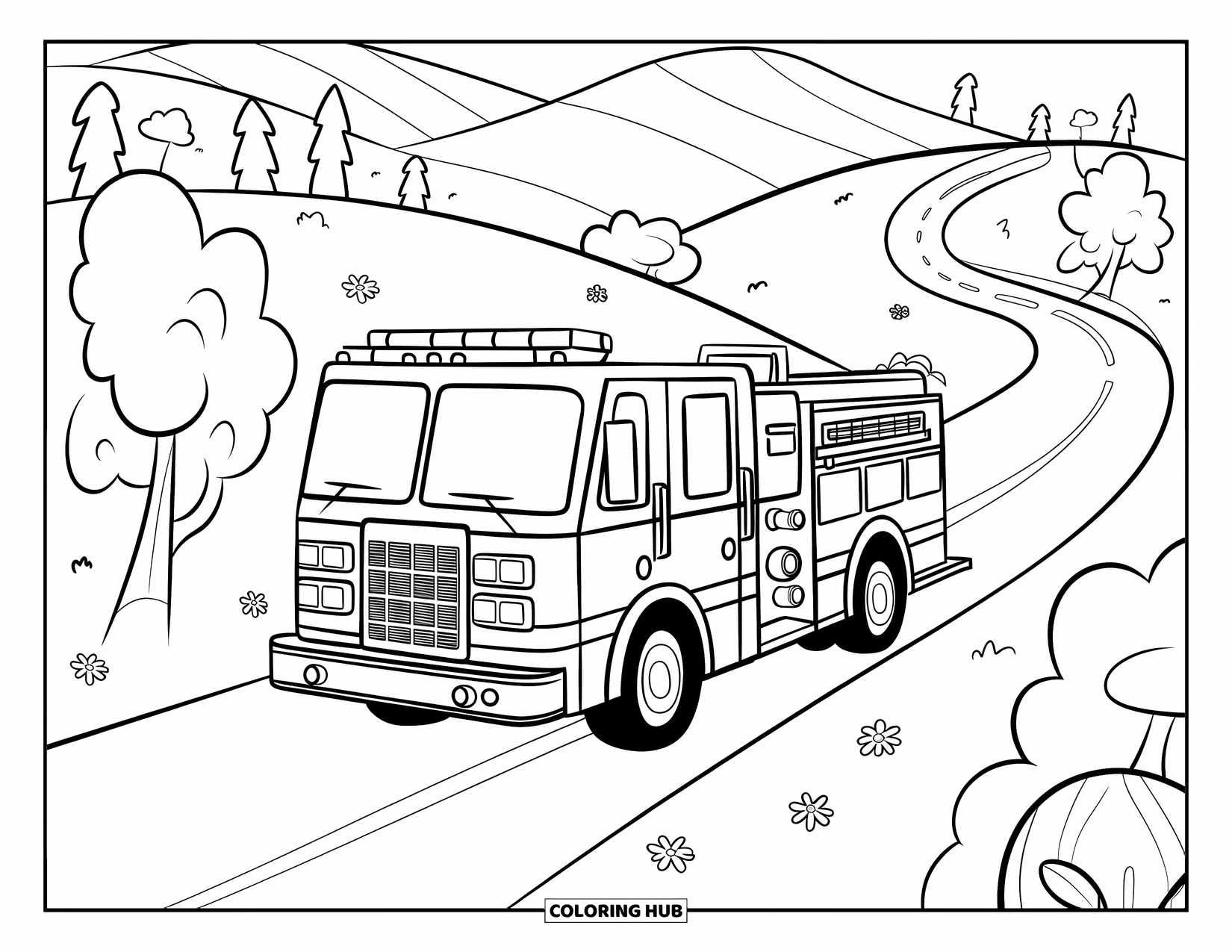 Fire Truck Coloring Page for Adults: A fire truck driving through a countryside road, with playful, adorable miniature elements