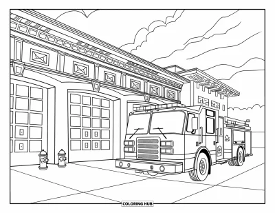 Coloriage de camion de pompiers pour adultes : Un camion de pompiers devant une caserne de pompiers détaillée, avec des bornes d’incendie à proximité