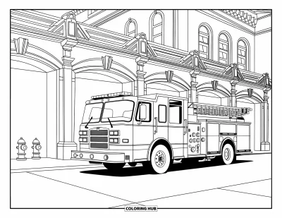 Coloriage de camion de pompiers pour adultes : Un camion de pompiers devant une caserne de pompiers avec des colonnes, des arches et des bornes d’incendie à proximité