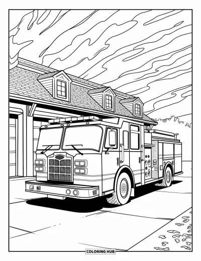 Coloriage de camion de pompiers pour adultes : Un camion de pompiers devant une caserne de petite ville avec une bordure décorative autour