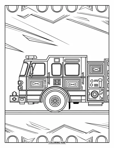 Coloriage de camion de pompiers pour adultes : Un camion de pompiers en vue latérale avec des motifs de lignes complexes et un design épuré