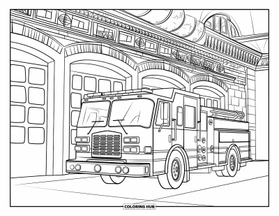 Coloriage de camion de pompiers pour adultes : Un camion de pompiers à l’extérieur d’une caserne de pompiers avec des fenêtres, des échelles et un mur texturé